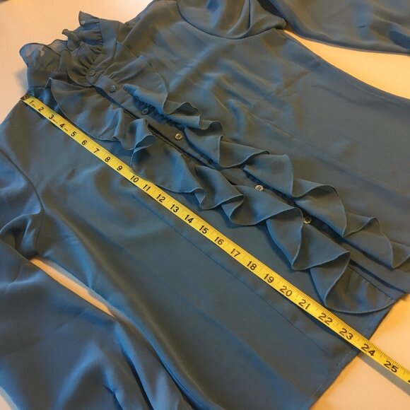 Sheer Feminine Blouse Teal Blue Medium Romantic Regal Ruffle - Picture 13 of 16